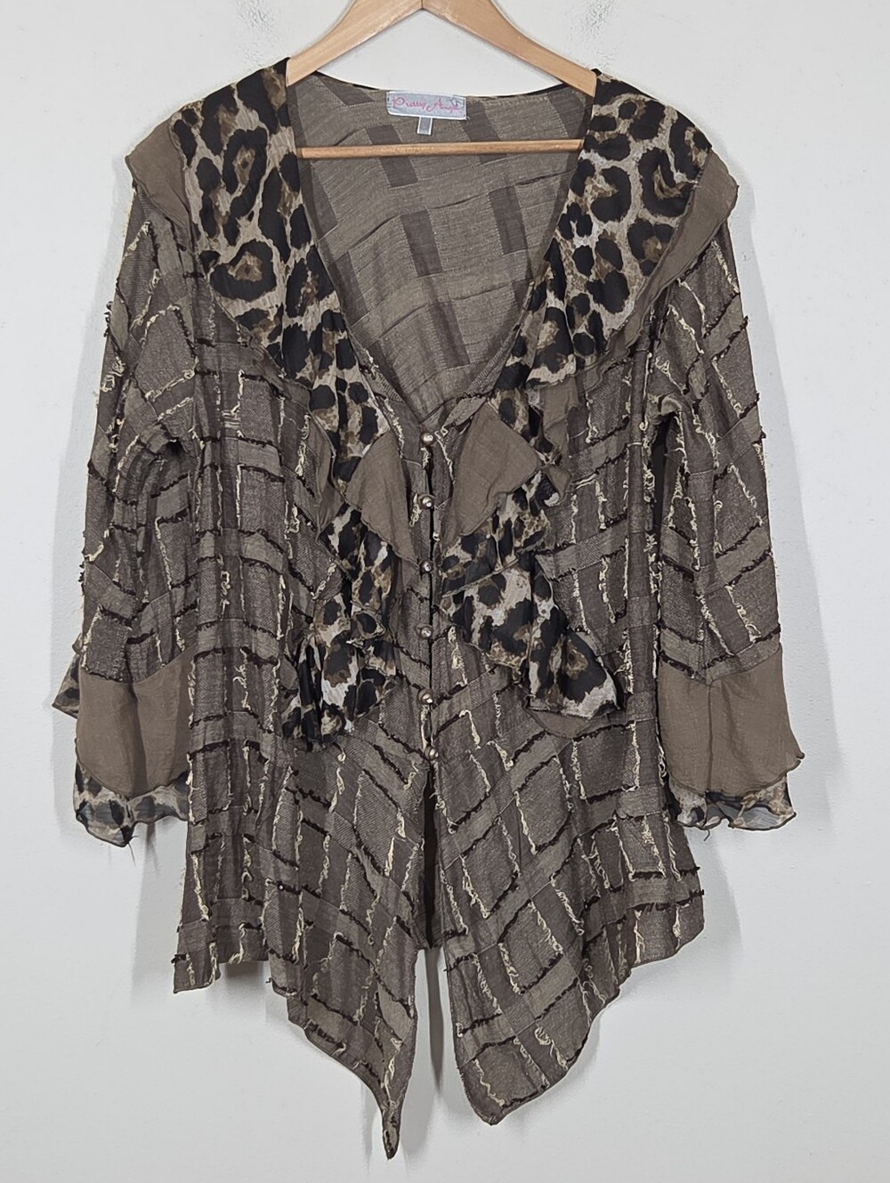 Pretty Angel Linen Blend Gypsy Tunic Animal Print Large Top Shirt Bell Sleeve